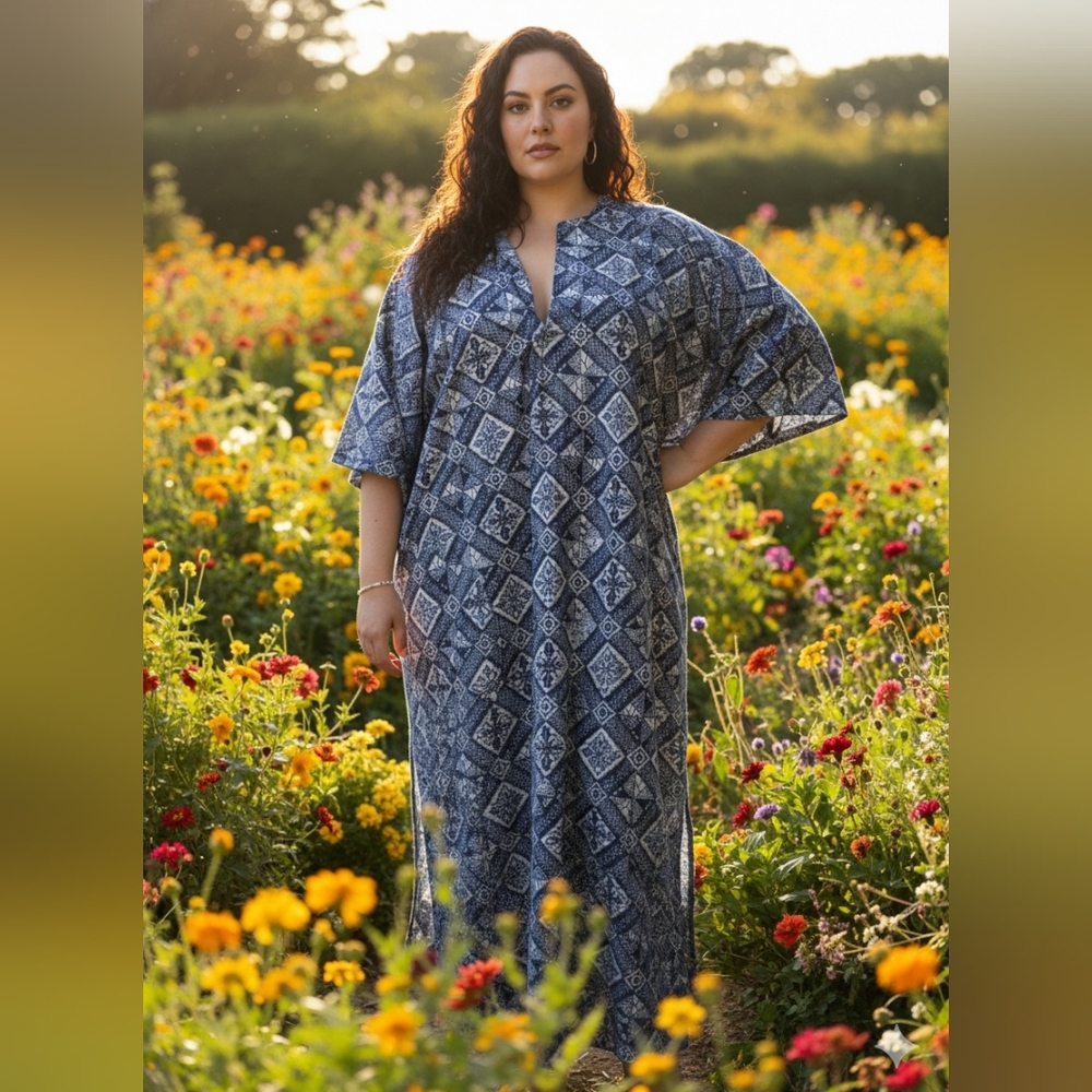 Vtg Blue Patterned Cotton Kaftan OS Loose Fit Pockets
